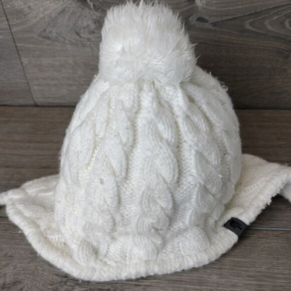 The North Face Beanie Womens White Fuzzy Earflap Cable Knit Hat OS Pom Tassles - Picture 2 of 9